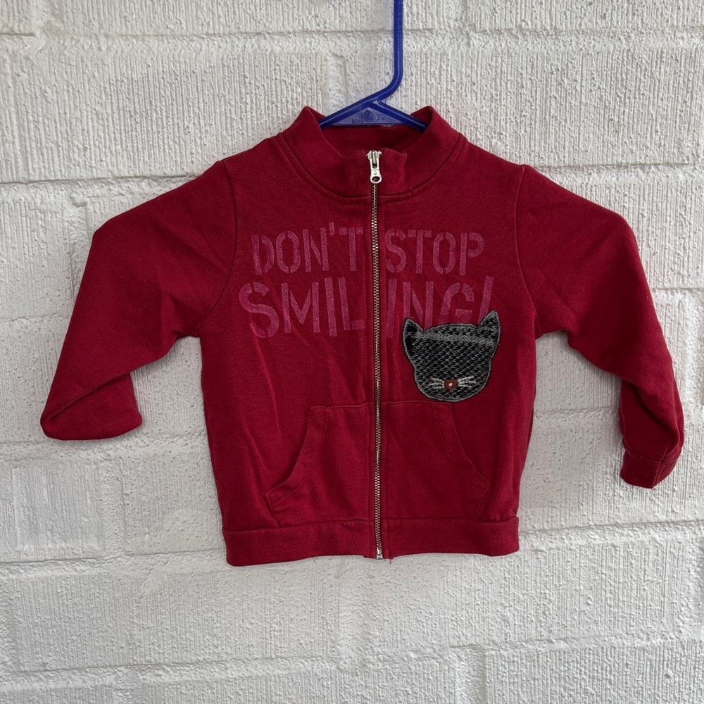United Colors Of Benetton Kids Red Hoodie with Cat Patch sz 2
